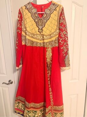 Women wedding heavy work Red and Gold Embroidered Party Dress/ long dress